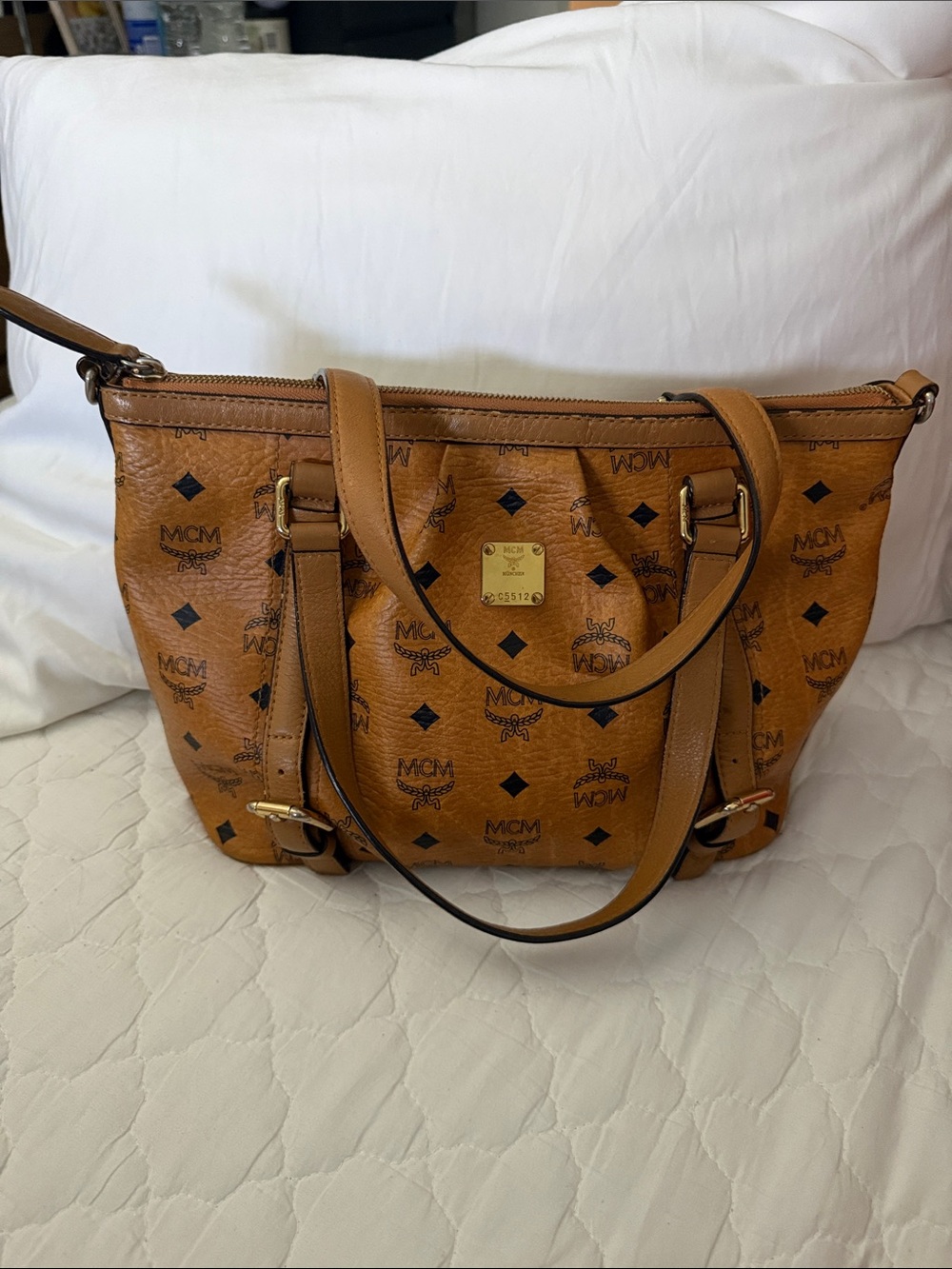 MCM LOGOS PATTERN COGNAC SHOULDER BAG